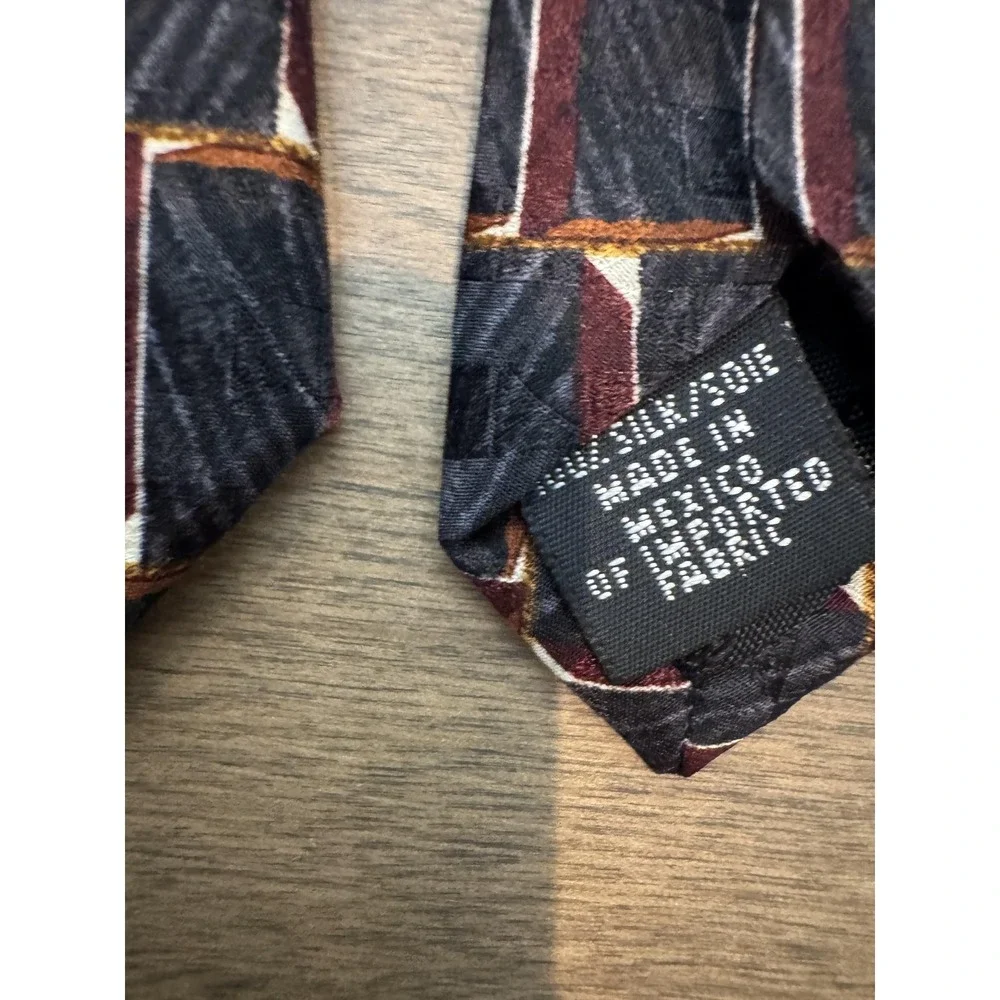Oscar de la Renta Tie Mens‎ All Silk Geometric Pattern Burgundy Black Abstract